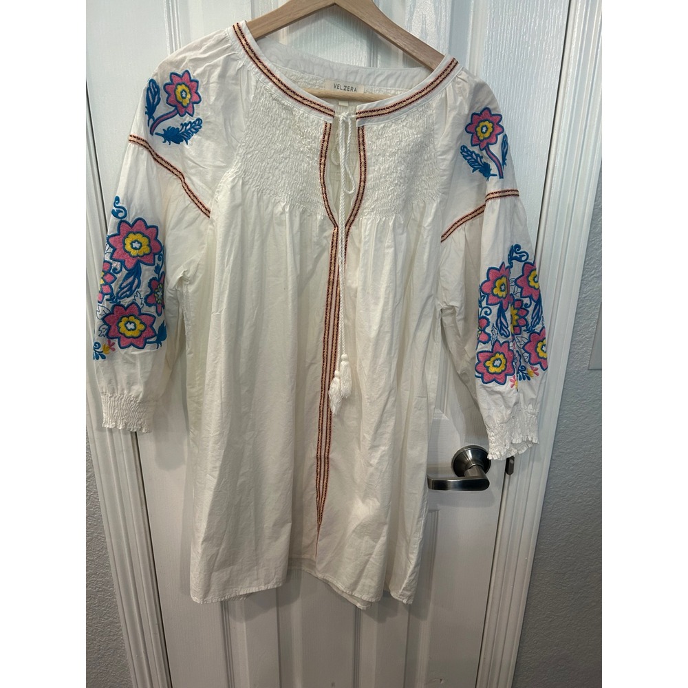 Velzera Peasant Top White Embroidered Floral Smocked Tassel Boho Blouse